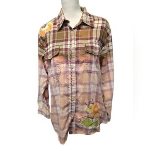 1990s Limited Chinos Plaid Button-Up Shirt with Embroidery Floral Accents